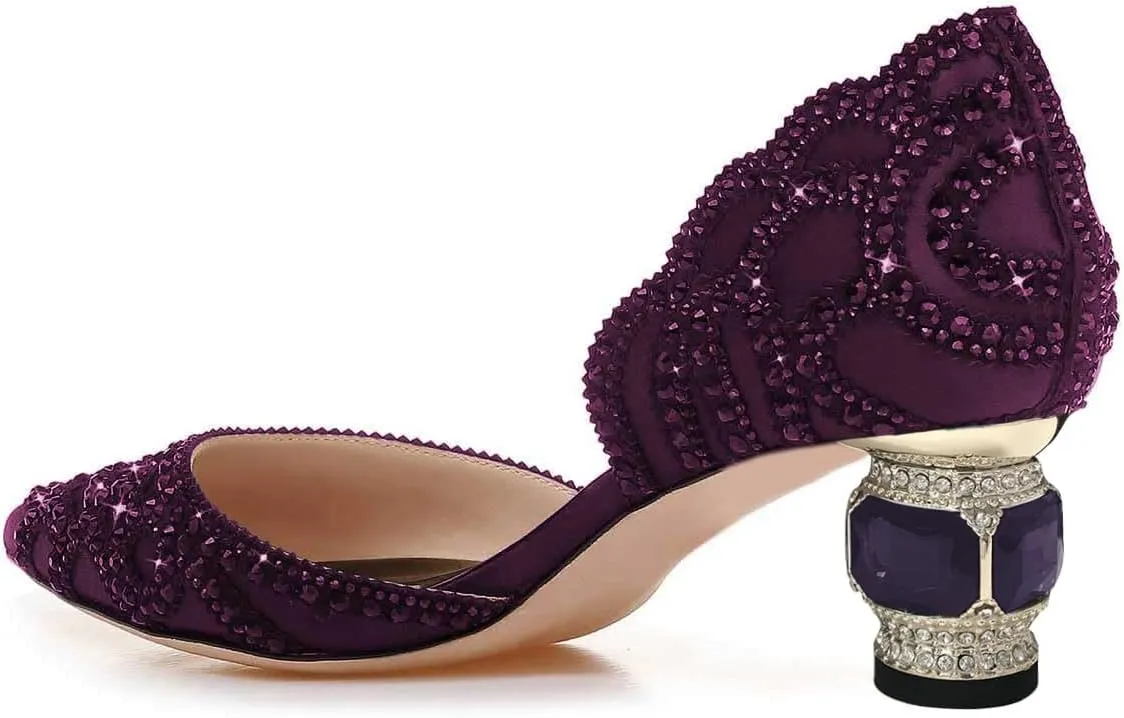 XYD Women's Pumps, Elegant Pointed Toe, D'Orsay Crystal Chunky Low Heels 2 Inches, Rhinestone Studs, Slip-On Satin Shoes for Wedding