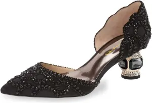 XYD Women's Pumps, Elegant Pointed Toe, D'Orsay Crystal Chunky Low Heels 2 Inches, Rhinestone Studs, Slip-On Satin Shoes for Wedding