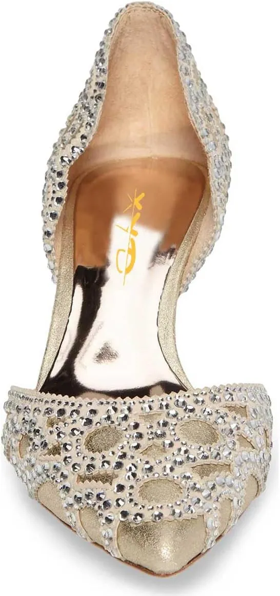 XYD Women's Pumps, Elegant Pointed Toe, D'Orsay Crystal Chunky Low Heels 2 Inches, Rhinestone Studs, Slip-On Satin Shoes for Wedding