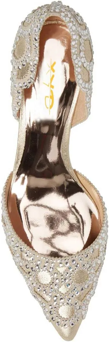 XYD Women's Pumps, Elegant Pointed Toe, D'Orsay Crystal Chunky Low Heels 2 Inches, Rhinestone Studs, Slip-On Satin Shoes for Wedding
