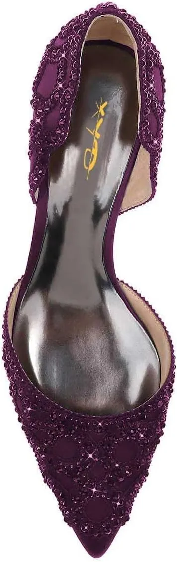 XYD Women's Pumps, Elegant Pointed Toe, D'Orsay Crystal Chunky Low Heels 2 Inches, Rhinestone Studs, Slip-On Satin Shoes for Wedding