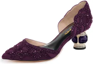 XYD Women's Pumps, Elegant Pointed Toe, D'Orsay Crystal Chunky Low Heels 2 Inches, Rhinestone Studs, Slip-On Satin Shoes for Wedding