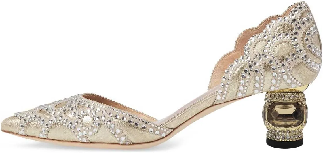 XYD Women's Pumps, Elegant Pointed Toe, D'Orsay Crystal Chunky Low Heels 2 Inches, Rhinestone Studs, Slip-On Satin Shoes for Wedding