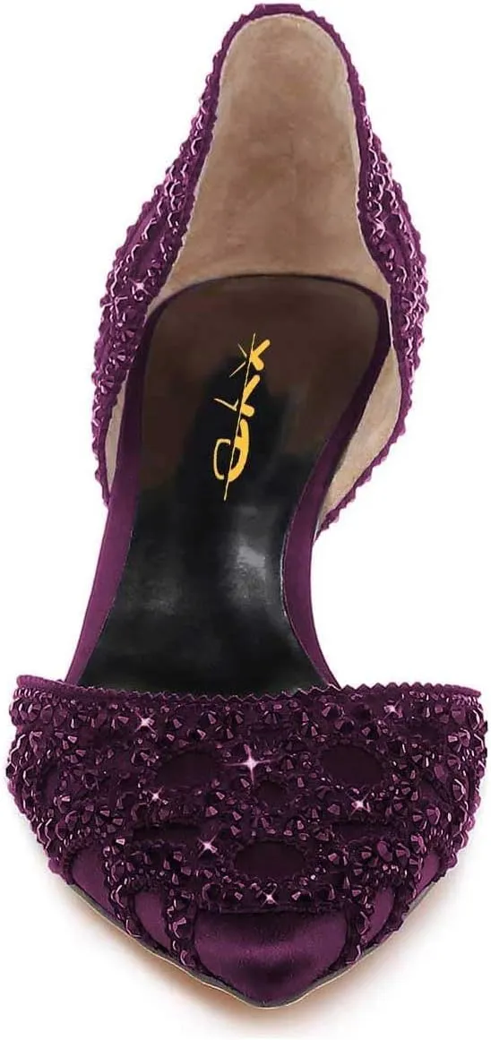 XYD Women's Pumps, Elegant Pointed Toe, D'Orsay Crystal Chunky Low Heels 2 Inches, Rhinestone Studs, Slip-On Satin Shoes for Wedding