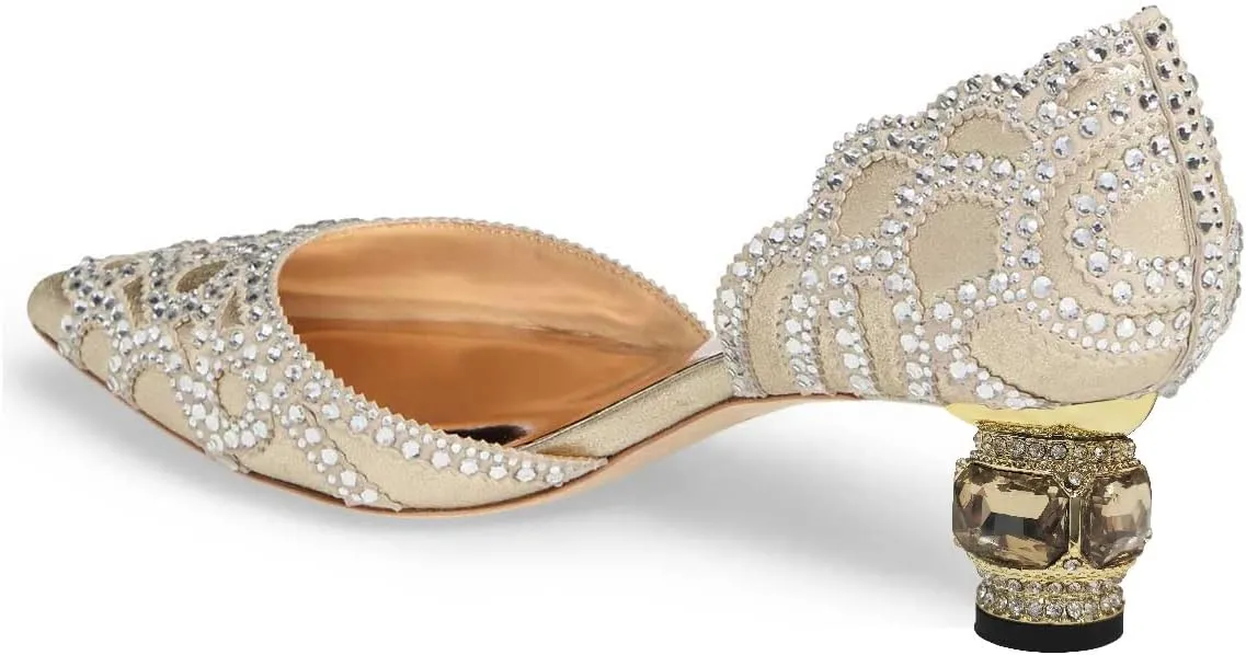 XYD Women's Pumps, Elegant Pointed Toe, D'Orsay Crystal Chunky Low Heels 2 Inches, Rhinestone Studs, Slip-On Satin Shoes for Wedding