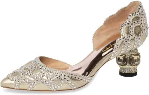 XYD Women's Pumps, Elegant Pointed Toe, D'Orsay Crystal Chunky Low Heels 2 Inches, Rhinestone Studs, Slip-On Satin Shoes for Wedding