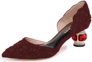 XYD Women's Pumps, Elegant Pointed Toe, D'Orsay Crystal Chunky Low Heels 2 Inches, Rhinestone Studs, Slip-On Satin Shoes for Wedding