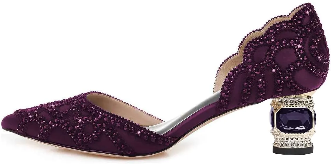 XYD Women's Pumps, Elegant Pointed Toe, D'Orsay Crystal Chunky Low Heels 2 Inches, Rhinestone Studs, Slip-On Satin Shoes for Wedding