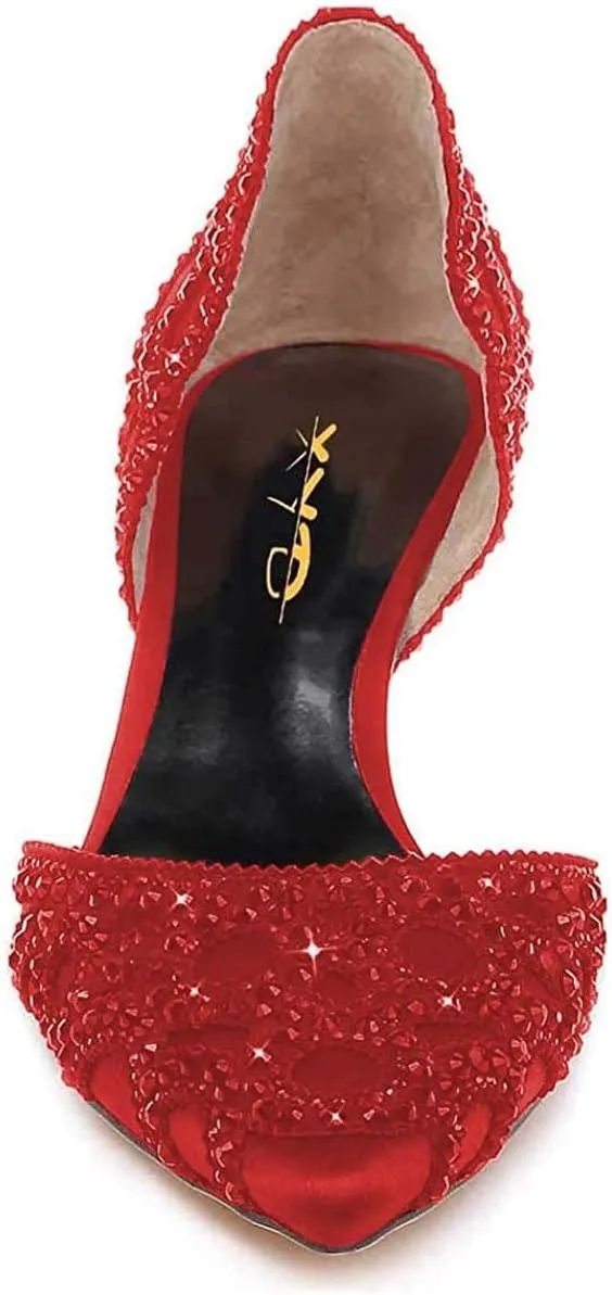 XYD Women's Pumps, Elegant Pointed Toe, D'Orsay Kitten Low Heels, Rhinestone Studs, Slip-On Satin Shoes for Wedding