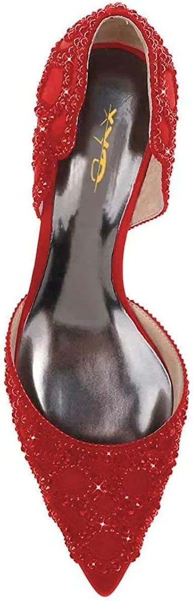 XYD Women's Pumps, Elegant Pointed Toe, D'Orsay Kitten Low Heels, Rhinestone Studs, Slip-On Satin Shoes for Wedding
