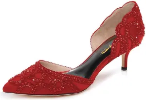 XYD Women's Pumps, Elegant Pointed Toe, D'Orsay Kitten Low Heels, Rhinestone Studs, Slip-On Satin Shoes for Wedding