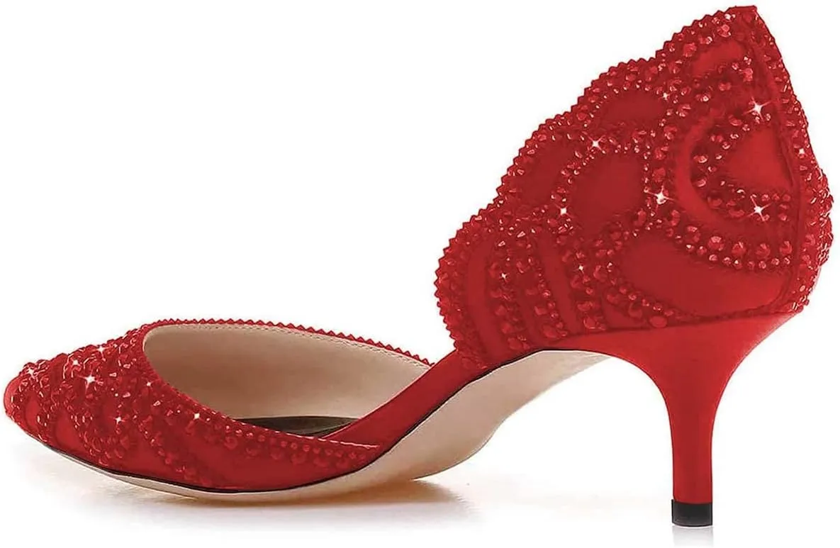 XYD Women's Pumps, Elegant Pointed Toe, D'Orsay Kitten Low Heels, Rhinestone Studs, Slip-On Satin Shoes for Wedding