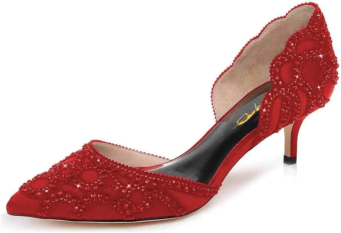 XYD Women's Pumps, Elegant Pointed Toe, D'Orsay Kitten Low Heels, Rhinestone Studs, Slip-On Satin Shoes for Wedding