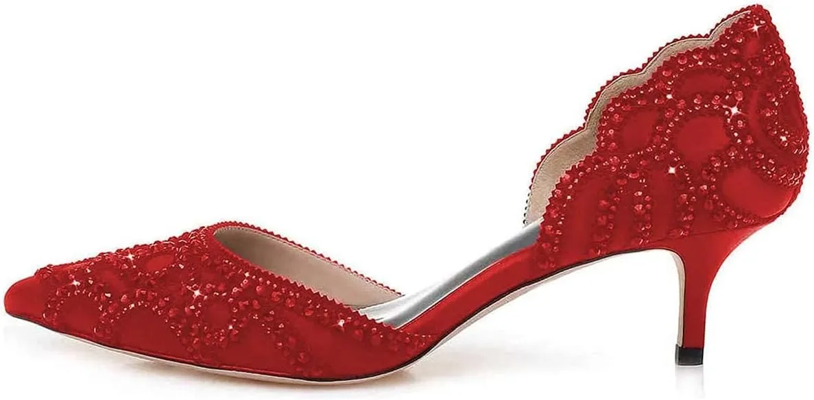 XYD Women's Pumps, Elegant Pointed Toe, D'Orsay Kitten Low Heels, Rhinestone Studs, Slip-On Satin Shoes for Wedding