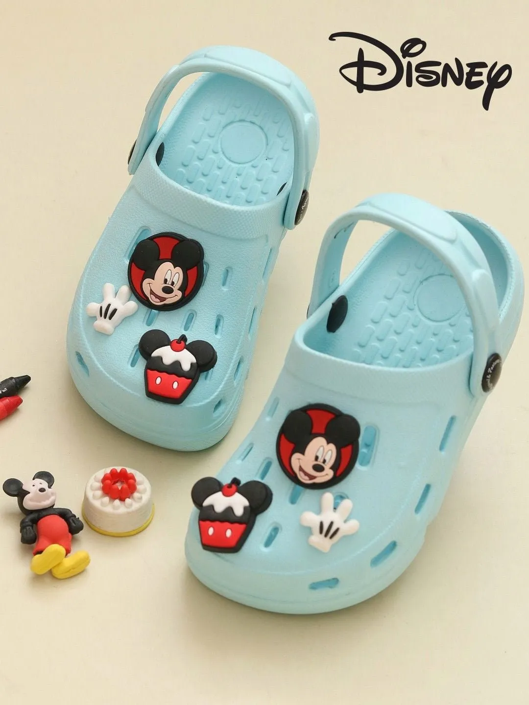Yellow Bee Boys’ Disney Mickey Mouse Clogs with Gloves & Cupcake Charms – Light Blue