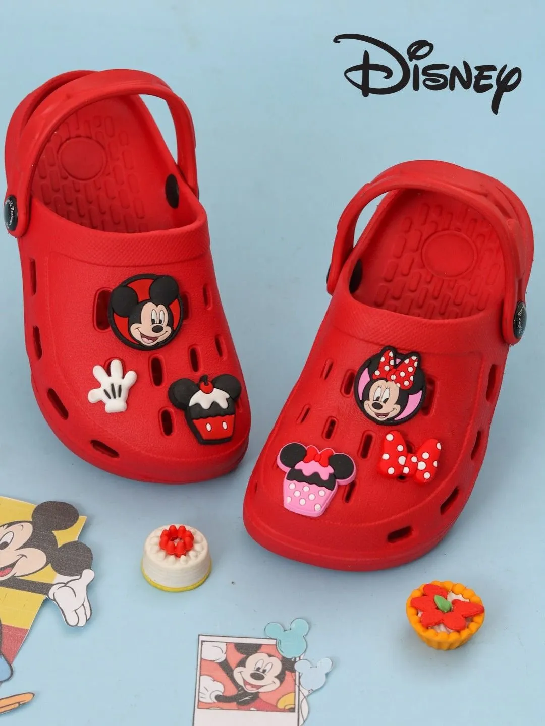 Yellow Bee Girls’ Disney Mickey & Minnie Mouse Clogs with Bow, Gloves & Cupcake Charms – Red