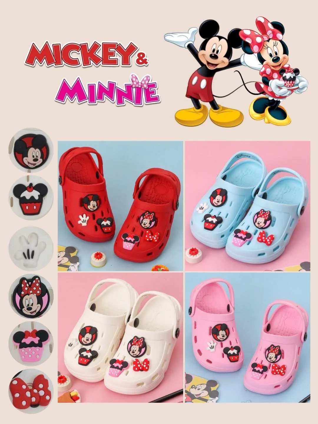 Yellow Bee Girls’ Disney Mickey & Minnie Mouse Clogs with Bow, Gloves & Cupcake Charms – Red