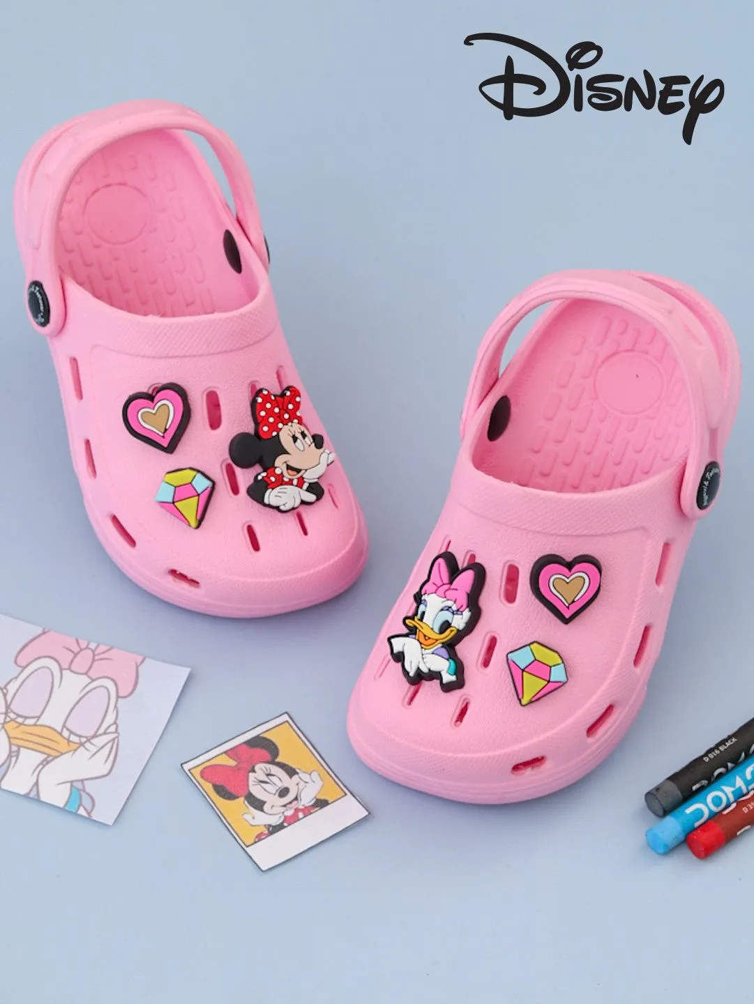 Yellow Bee Girls Disney Minnie Mouse, Daisy Duck Clogs with Vibrant Heart & Diamond Accents - Pink