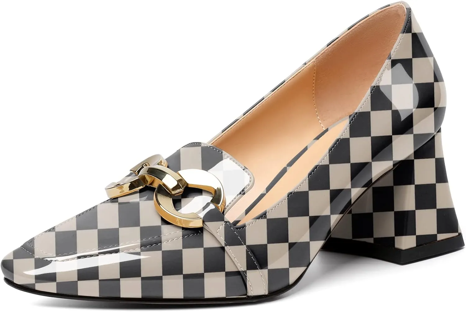 YODEKS Women Low Block Chunky Heel Pumps Square Toe Elegant Slip On 2.5 Inch Closed Toe Chain Buckle Comfort Shoes for Wedding Office Evening