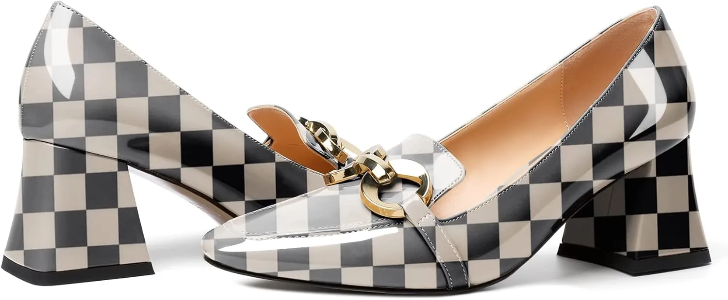 YODEKS Women Low Block Chunky Heel Pumps Square Toe Elegant Slip On 2.5 Inch Closed Toe Chain Buckle Comfort Shoes for Wedding Office Evening