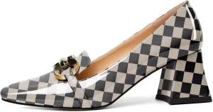 YODEKS Women Low Block Chunky Heel Pumps Square Toe Elegant Slip On 2.5 Inch Closed Toe Chain Buckle Comfort Shoes for Wedding Office Evening