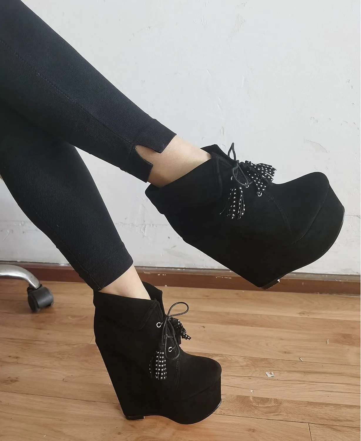 YODEKS Women's Lace Up Round Toe Wedge Boots Platform High Heel Ankle Booties Elegant Party Dress Boot