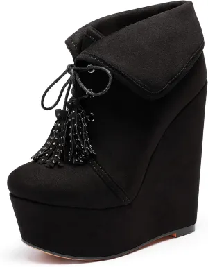 YODEKS Women's Lace Up Round Toe Wedge Boots Platform High Heel Ankle Booties Elegant Party Dress Boot