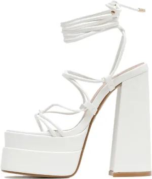 Yolkomo Platform Lace Up Heels for Women Square Open Toe Chunky High Heeled Sandals