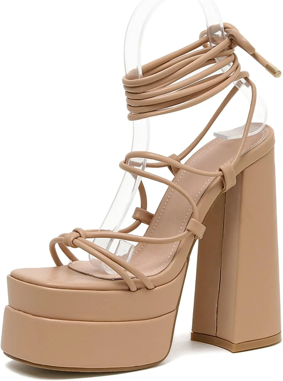 Yolkomo Platform Lace Up Heels for Women Square Open Toe Chunky High Heeled Sandals