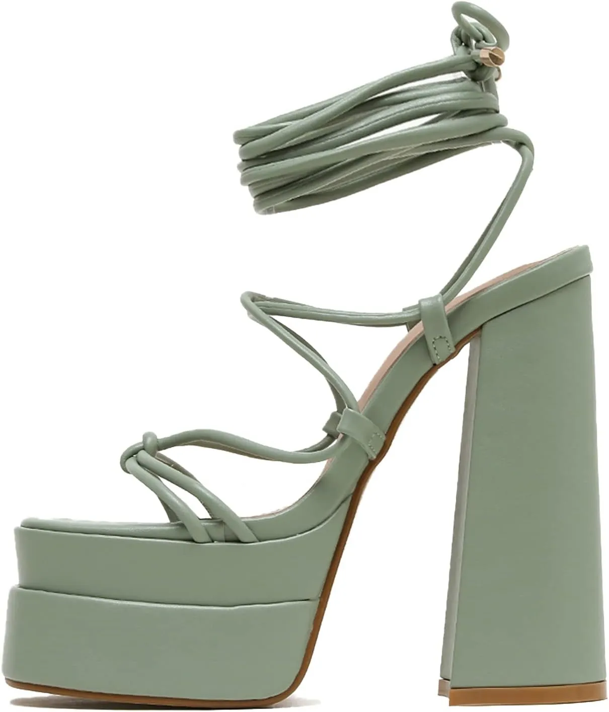 Yolkomo Platform Lace Up Heels for Women Square Open Toe Chunky High Heeled Sandals
