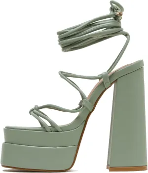 Yolkomo Platform Lace Up Heels for Women Square Open Toe Chunky High Heeled Sandals