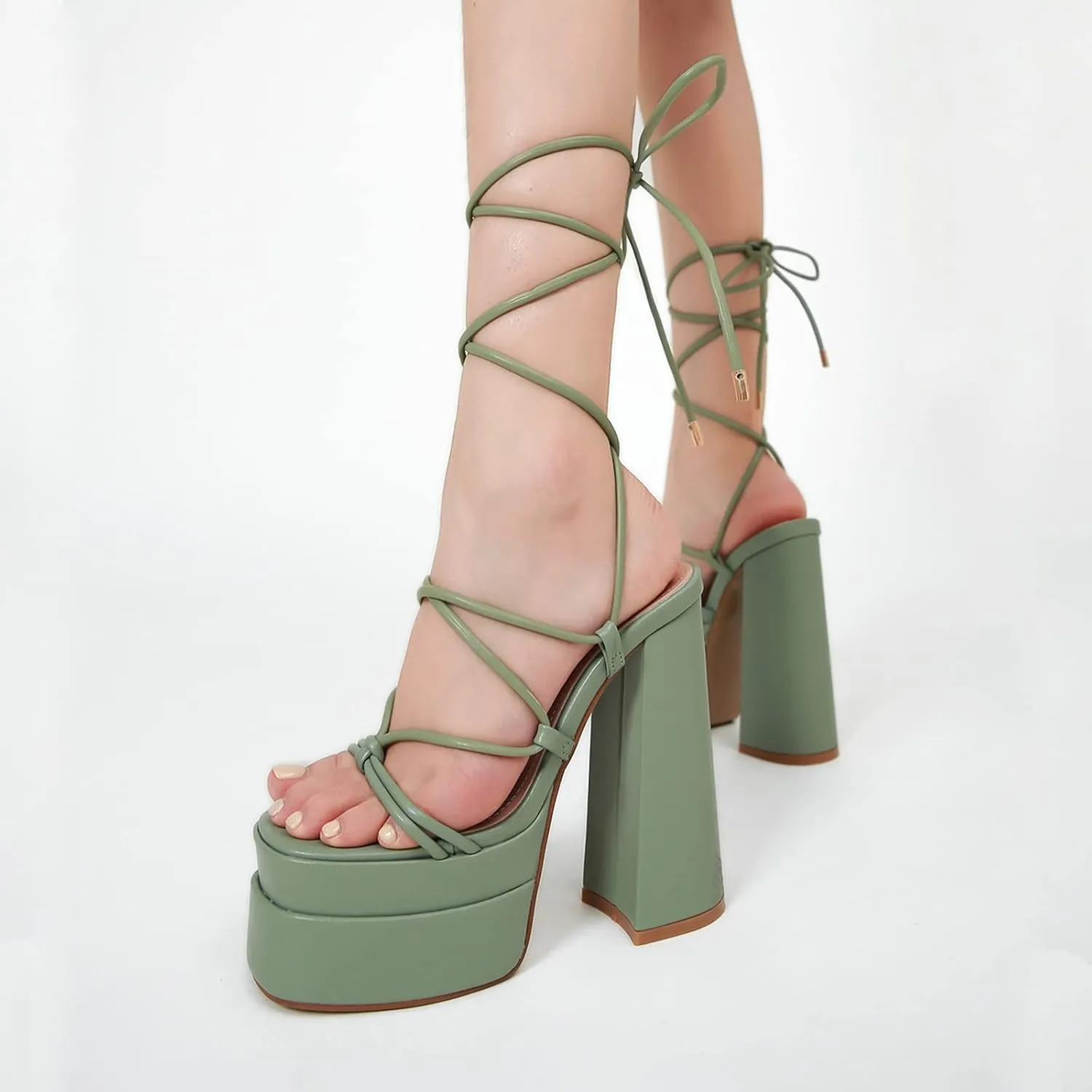 Yolkomo Platform Lace Up Heels for Women Square Open Toe Chunky High Heeled Sandals