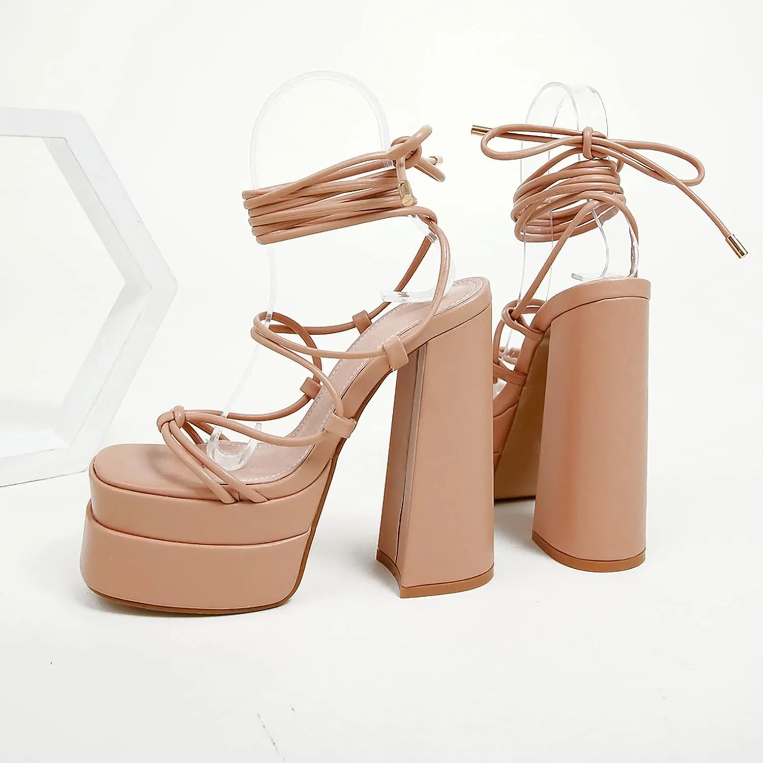 Yolkomo Platform Lace Up Heels for Women Square Open Toe Chunky High Heeled Sandals