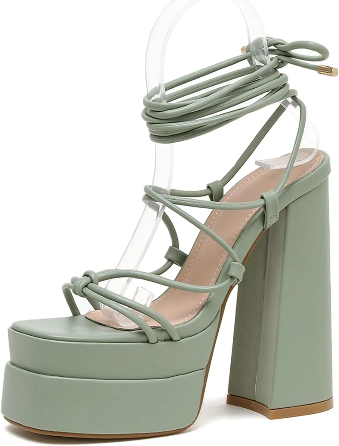 Yolkomo Platform Lace Up Heels for Women Square Open Toe Chunky High Heeled Sandals