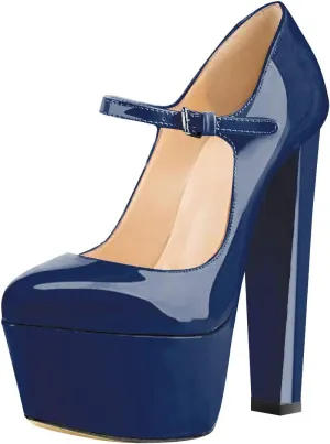 Yolkomo Women's 6 Inches Round Toe Gorgeous Comfortable Chunky Block Heel Mary Jane Fashion Pumps Blue Size 10