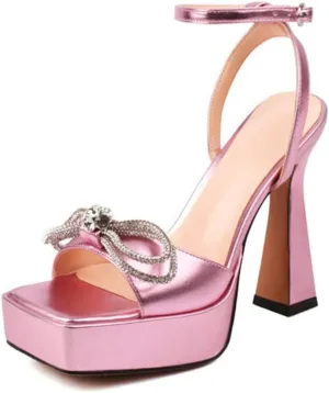 Yolkomo Women's Platform Chunky Heel Sandals Square Toe Rhinestone Bow Heels