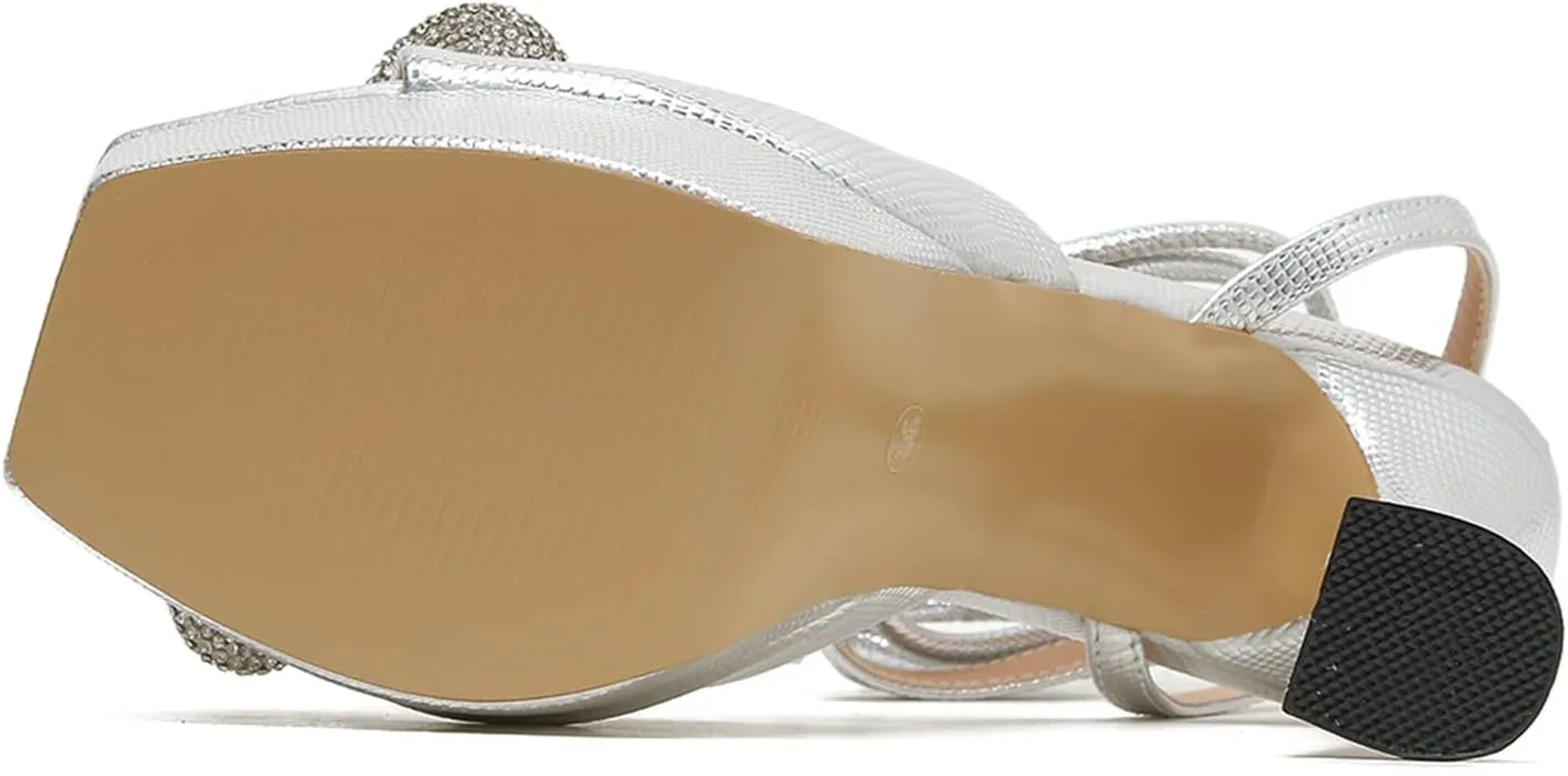 Yolkomo Women's Platform Chunky Heel Sandals Square Toe Rhinestone Bow Heels