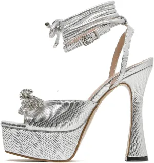Yolkomo Women's Platform Chunky Heel Sandals Square Toe Rhinestone Bow Heels