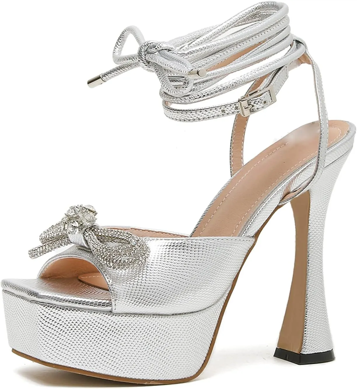 Yolkomo Women's Platform Chunky Heel Sandals Square Toe Rhinestone Bow Heels