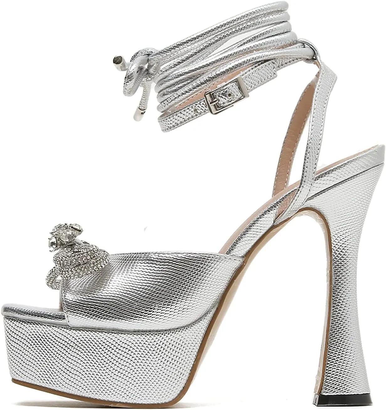 Yolkomo Women's Platform Chunky Heel Sandals Square Toe Rhinestone Bow Heels