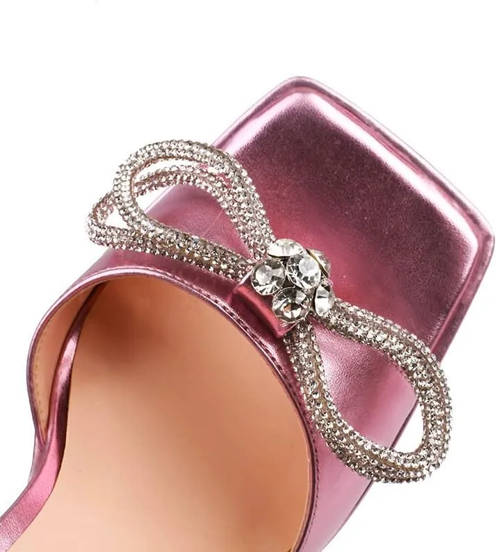Yolkomo Women's Platform Chunky Heel Sandals Square Toe Rhinestone Bow Heels