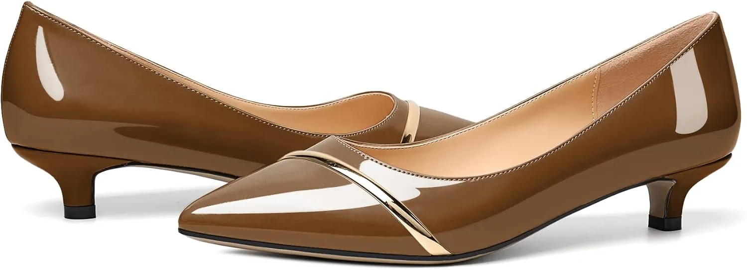 Zamikoo Women Pumps Kitten Heel Pointed Toe 1.5 Inches Stylish Instep Gold Strap Leather Patent Elegant Dress Shoes US Size 5- Size 13