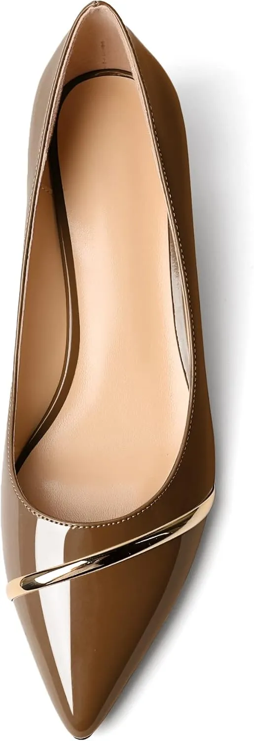 Zamikoo Women Pumps Kitten Heel Pointed Toe 1.5 Inches Stylish Instep Gold Strap Leather Patent Elegant Dress Shoes US Size 5- Size 13
