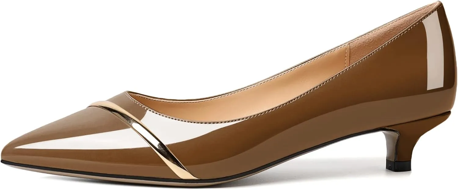 Zamikoo Women Pumps Kitten Heel Pointed Toe 1.5 Inches Stylish Instep Gold Strap Leather Patent Elegant Dress Shoes US Size 5- Size 13