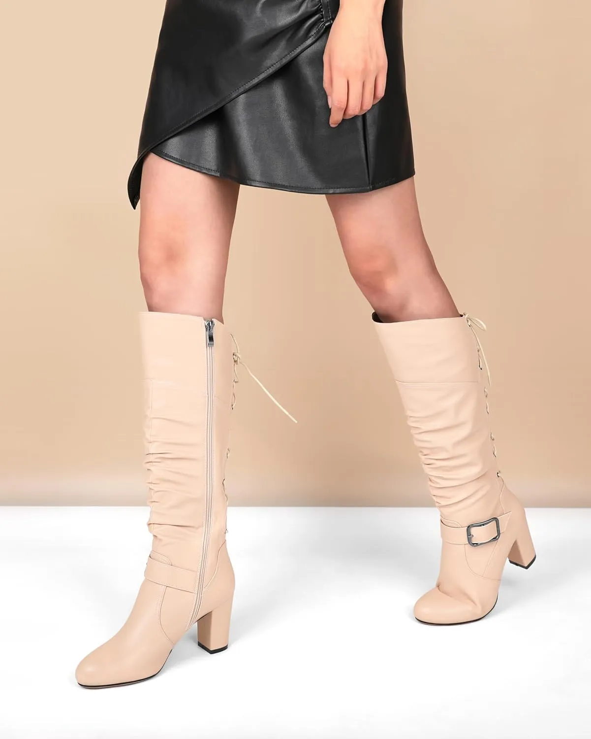 Zamikoo Womens Slouchy Knee High Boots Round Toe Chunky Block Heel Knee Booties Side Zipper Metal Buckle Slouch Dress Boots 3.5 Inch