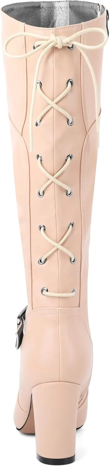 Zamikoo Womens Slouchy Knee High Boots Round Toe Chunky Block Heel Knee Booties Side Zipper Metal Buckle Slouch Dress Boots 3.5 Inch