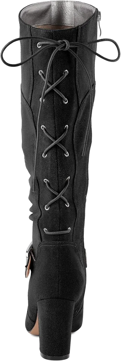 Zamikoo Womens Slouchy Knee High Boots Round Toe Chunky Block Heel Knee Booties Side Zipper Metal Buckle Slouch Dress Boots 3.5 Inch