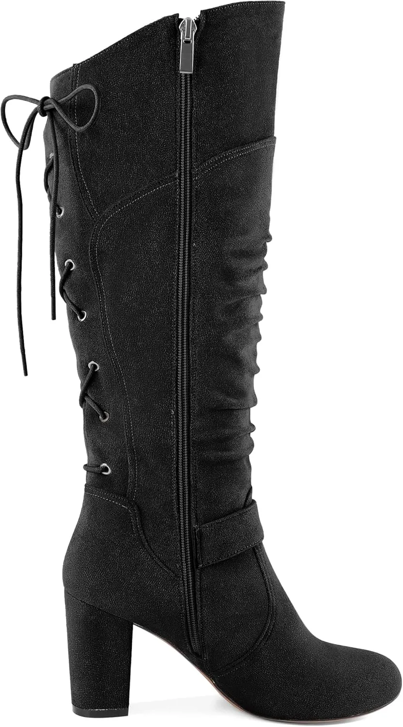 Zamikoo Womens Slouchy Knee High Boots Round Toe Chunky Block Heel Knee Booties Side Zipper Metal Buckle Slouch Dress Boots 3.5 Inch