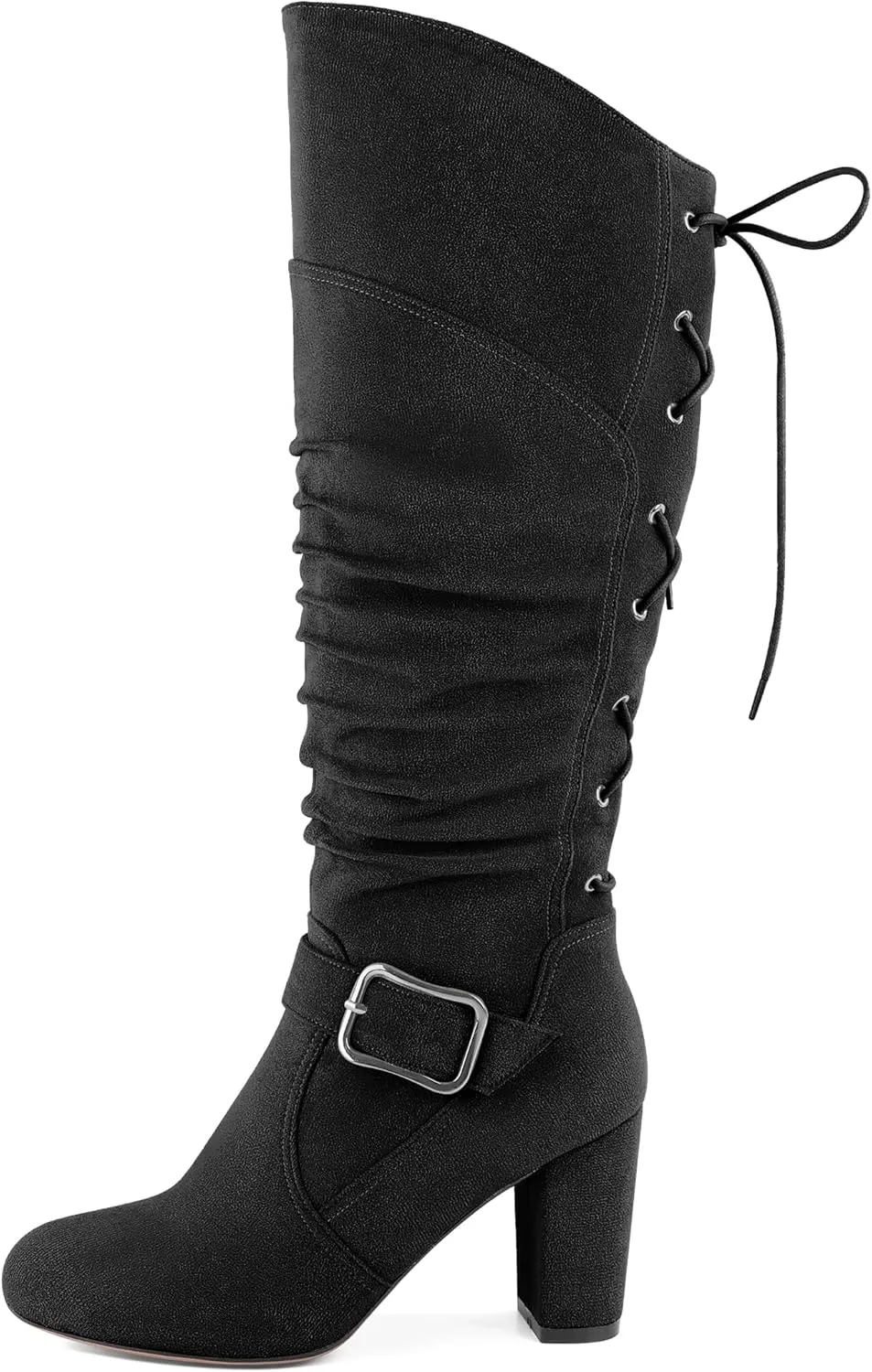 Zamikoo Womens Slouchy Knee High Boots Round Toe Chunky Block Heel Knee Booties Side Zipper Metal Buckle Slouch Dress Boots 3.5 Inch