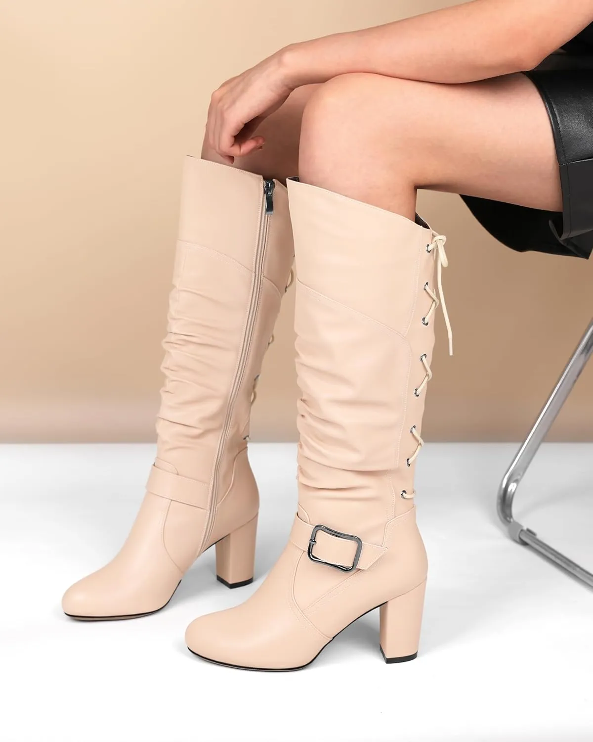 Zamikoo Womens Slouchy Knee High Boots Round Toe Chunky Block Heel Knee Booties Side Zipper Metal Buckle Slouch Dress Boots 3.5 Inch